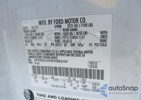 2012 Ford F-150 Lariat z USA, uszkodzony, nr VIN 1FTFW1CF5CFB62187